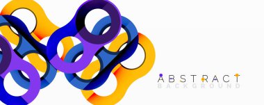 Canlı örtüşen daireler modern soyut tasarım yaratır. Sarı, mor, mavi renkler beyaz alana hakim. Minimalist vektör illüstrasyonu.