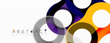 Soyut tasarım üst üste binen daireler, canlı renkler, modern estetik. Temiz çizgiler dinamik görsel etki yaratır.