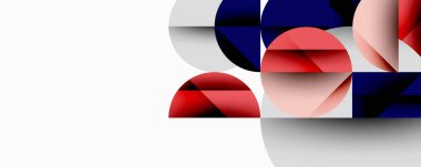 Soyut geometrik şekiller örtüşür, dinamik bileşim yaratır. Kırmızı, mavi, gri tonlar beyaz arkaplana hükmediyor. Minimalist tasarım.