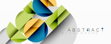 Modern soyut tasarım. Üst üste binen geometrik şekiller dinamik bileşim oluşturur. Parlak renkler, gradyanlar, pürüzsüz geçişler görsel ilgi sunar.