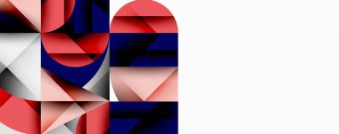 Soyut geometrik bileşim. Üst üste binen şekiller, dinamik görsel ilgi yaratır. Kırmızı, mavi, gri tonlar tasarımda baskın. Minimalist estetik.