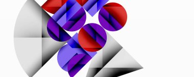 Soyut geometrik bileşim. Çemberler, üçgenler kesişir, dinamik görsel efekt yaratır. Mor, kırmızı renkler beyaz arkaplana hakim. Modern tasarım.