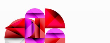 Soyut geometrik şekiller, kırmızı ve pembe renkler, üst üste binen formlar dinamik bileşim oluşturur. Minimalist tasarım, modern estetik.