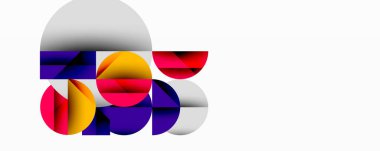 Soyut geometrik şekiller örtüşüyor, canlı renk kalıpları yaratıyor. Çemberler kompozisyona hükmediyor, hareket ve derinliği gösteriyor. Minimalist tasarım.