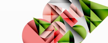 Soyut geometrik bileşim. Şekiller örtüşüyor, dinamik görsel ilgi yaratıyor. Renkler kırmızı, yeşil, gri, beyaz. Modern tasarım.