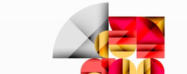 Soyut geometrik bileşim. Şekiller örtüşüyor, dinamik görsel ilgi yaratıyor. Kırmızı, altın, gri renkler tasarımda baskın. Minimalist estetik.