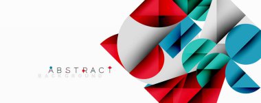 Geometrik şekiller örtüşür, canlı ve soyut bir bileşim yaratır. Kırmızı, mavi, yeşil renkler beyaz arkaplana hükmediyor. Modern tasarım ögesi.