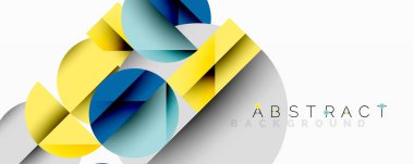 Geometrik şekiller örtüşür, canlı ve soyut bir bileşim yaratır. Sarı, mavi renkler tasarıma egemen, modern estetik.