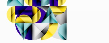 Soyut geometrik bileşim. Şekiller örtüşüyor, dinamik görsel ilgi yaratıyor. Renkler sarı, mavi, gri, mor. Minimalist tasarım.