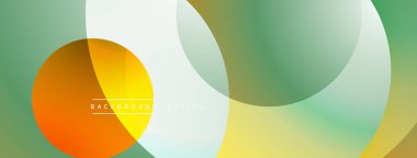 Soyut arkaplan özellikleri üst üste binen daireler, gradyanlar. Renkler turuncu, sarı, yeşil, beyaz. Modern tasarım ögesi.