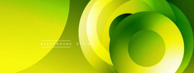 Soyut sarı, yeşil gradyanlar katmanlı dairesel şekiller oluşturuyor. Modern tasarım dinamik enerjiyi, pürüzsüz geçişleri çağrıştırıyor. Arkaplan özellikleri metin.