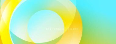 Soyut renkli arkaplan. Üst üste binen daireler dinamik görsel efekt yaratır. Sarı, turkuaz, yeşil renkler kusursuz bir şekilde harmanlanır. Modern tasarım ögesi.