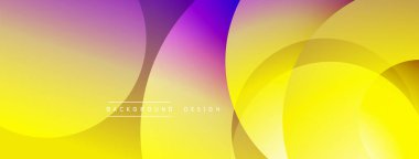 Soyut arkaplan özellikleri üst üste binen daireler, canlı sarı, mor renkler. Modern tasarım, pürüzsüz gradyanlar dinamik görsel efekt yaratır.