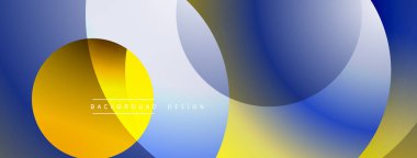 Soyut tasarım özellikleri üst üste binen daireler, gradyanlar. Mavi, sarı, beyaz renkler modern estetik yaratıyor. Minimalist kompozisyon, dinamik akış.