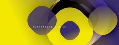 Soyut tasarım özellikleri üst üste binen daireler, gradyanlar. Sarı, mor renkler dinamik görsel efekt yaratır. Modern, minimalist stil.