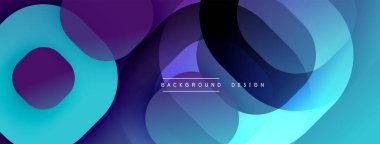 Soyut akışkan şekiller, canlı maviler, morlar dinamik bir zemin oluşturur. Modern tasarım elementleri hareket, derinlik.