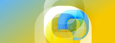 Soyut renkli arkaplan. Üst üste binen geometrik şekiller dinamik görsel efekt yaratır. Sarı, mavi, yeşil renkler baskın bileşim.