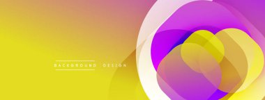Soyut, enerjik bir arkaplan. Sarı, turuncu, morumsu renkler düzgün bir şekilde harmanlanır. Üst üste binen daireler dinamik görsel efekt yaratır. Modern tasarım ögesi.