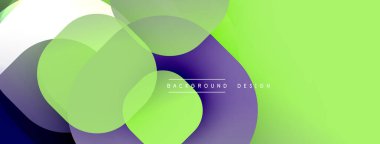 Soyut tasarım özellikleri üst üste binen şeffaf şekiller. Yeşil, mor, beyaz renkler dinamik görsel efekt yaratır. Modern arkaplan ögesi.