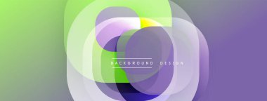 Soyut tasarım özellikleri üst üste binen daireler, gradyanlar. Renkler yeşilden mora doğru kayar. Modern, dinamik görsel kompozisyon.