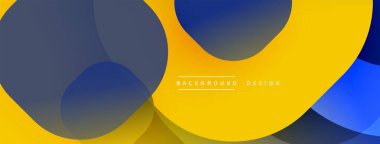 Soyut tasarım, üst üste binen daireler, parlak mavi, sarı renkler. Modern estetik, basit metin ögesi.