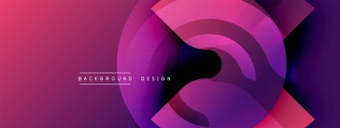 Soyut, enerjik tasarım, üst üste binen daireler. Renkler pembeden maviye karışır. Metin arka plan tasarımı okur. Modern estetik.