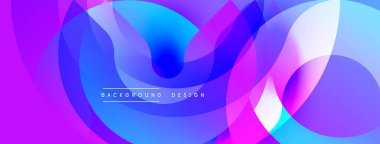 Canlı soyut şekiller çakışıyor. Renkler, mor, mavi, pembe, beyaz. Modern tasarım akıcılığı, enerjiyi, hareketi öneriyor. Arkaplan metni arkaplan tasarımı okur.