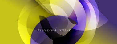 Soyut sarı mor tasarım. Üst üste binen şekiller dinamik görsel akış yaratır. Dijital projeler için modern arkaplan.