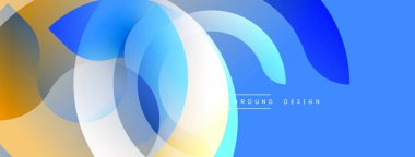 Soyut tasarım özellikleri üst üste binen daireler, gradyanlar. Mavi turuncu aksanla baskın gelir. Modern, temiz estetik. Arkaplan dijital yaratmayı öneriyor.
