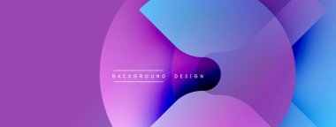 Soyut eğimler üst üste binen çemberler oluşturur. Mor, mavi renkler tasarımda baskın. Metin, arkaplan tasarımını şekiller içinde merkezlenmiş olarak okur. Modern estetik.