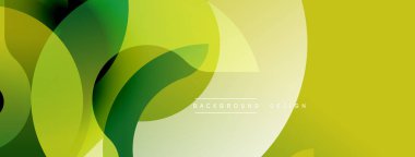 Soyut tasarım özellikleri üst üste binen yeşil, sarı şekiller. Modern estetik, pürüzsüz gradyanlar dinamik görsel akış yaratır. Arkaplan metin içerir.