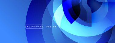 Soyut mavi katmanlar dinamik akış yaratır. Modern tasarım dairesel şekiller, gradyanlar, pürüzsüz geçişler içerir. Minimalist estetik.