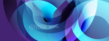 Soyut sıvı şekilleri örtüşür, parlak mavi ve mor renkler yaratır. Arkaplan, pankart ve sunumlar için modern tasarım ögesi.