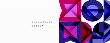 Soyut geometrik tasarım canlı pembe, kırmızı, mavi renkler içerir. Şekiller dinamik bileşim oluşturur. Arkaplan ve grafikler için modern estetik.