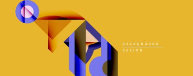 Soyut geometrik bileşim. Sarı arka plan mavi, kahverengi şekiller dinamik görsel efekt yaratır. Arkaplan ve sunumlar için modern tasarım ögesi.