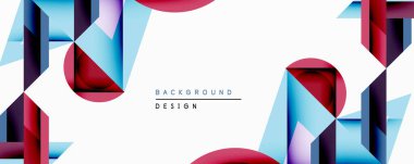 Soyut geometrik şekiller dinamik bileşim yaratır. Kırmızı, mavi, mor renkler beyaz boşlukla harmanlanır. Modern tasarım derinliği, dokuyu ve görsel ilgiyi çağrıştırıyor. Minimalist estetik.