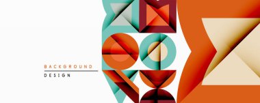 Soyut geometrik bileşim. Üst üste binen şekiller dinamik görsel efekt yaratır. Sıcak, serin renkler harmanlanarak modern arkaplan tasarımı oluşturur. Minimalist stil.