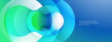 Soyut tasarım özellikleri üst üste binen daireler, gradyanlar. Mavi, yeşil renkler dinamik görsel efekt yaratır. Modern, temiz estetik.