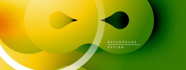 Soyut tasarım özellikleri üst üste binen daireler, gradyanlar. Sarı, yeşil renkler kompozisyona hakim. Modern estetik, temiz çizgiler sunar.
