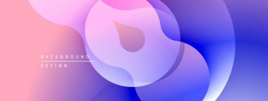 Soyut akışkan şekiller harmanlanır ve yumuşak eğimler yaratır. Pembe, mor, mavi renkler kompozisyona hakim. Modern tasarım ögesi.