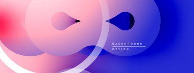 Soyut sıvı şekilleri, pembeden maviye doğru. Minimalist tasarım, modern estetik, üst üste binen formlar dinamik bileşim oluşturur.