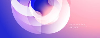 Soyut tasarım özellikleri üst üste binen şeffaf daireler. Maviden pembeye geçiş dinamik görsel efekt yaratır. Minimalist stil.