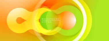 Soyut enerjik tasarım. Üst üste binen daireler akıcı şekiller yaratıyor, eğimler sarıdan yeşile dönüşüyor. Modern, dinamik kompozisyon.