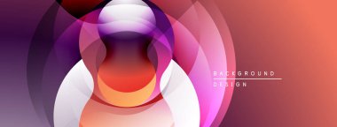 Soyut çemberler çakışıyor, canlı gradyanlar yaratıyor. Pembe, mor, turuncu renkler kusursuz bir şekilde harmanlanır. Arka planlar için modern tasarım ögesi.