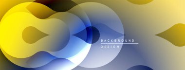 Soyut akışkan şekiller üst üste binerek dinamik gradyan bileşimi oluşturur. Sarılar, maviler, griler sorunsuzca harmanlanır. Modern tasarım ögesi.