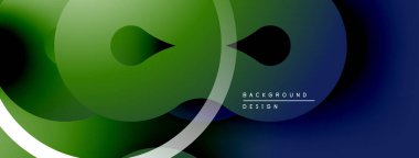 Soyut tasarım, yeşil ve mavi renkte akar. Dairesel şekiller örtüşüyor, dinamik görsel etki yaratıyor. Minimalist stil.