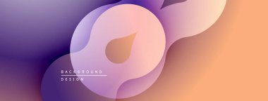 Soyut sıvı şekilleri, değişken renkler. Yumuşak kıvrımlar modern tasarım yaratır. Mor, turuncu renkler kompozisyona hakim. Minimalist estetik.