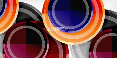 Soyut daireler örtüşüyor, canlı renk kalıpları yaratıyor. Modern tasarım parlak dokular, koyu arkaplan.