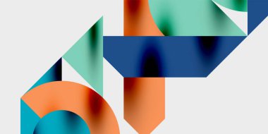 Soyut geometrik şekiller örtüşüyor, canlı renk eğimleri yaratıyor. Kompozisyon, beyaz arkaplana karşı maviler, portakallar, döşemeler içerir.