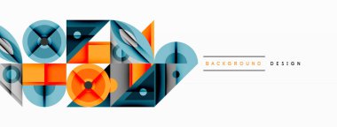 Soyut geometrik şekiller, canlı renkler, modern tasarım. Temiz çizgiler, üst üste binen formlar dinamik bileşimler oluşturur. Minimalist estetik.